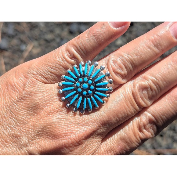 Zuni Ring Turquoise Cluster Genuine Native American Handmade Jewelry Adj 8-11 ** - Picture 4 of 10
